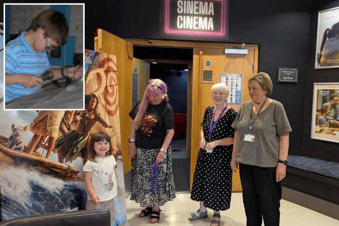 Main, left-right: Alice Bailey, a happy little girl who is looking forward to 'Moana', with Carol Bainbridge, Anne Griffiths and Anne Tongue from Aberystwyth Arts Centre. Inset: Inigo Jones Slate Works