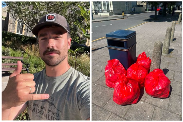 Jack Potts-Edwards (left), and some of the bags he filled on 14 July (right).