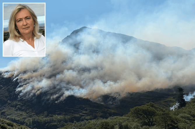 Inset: MP Liz Saville Roberts. Main: North Wales Fire and Rescue photograph of the fire