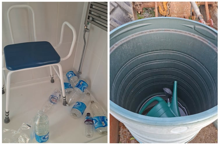 Scenes from Pencae - empty bottles in a bathroom, and an empty rainwater butt.