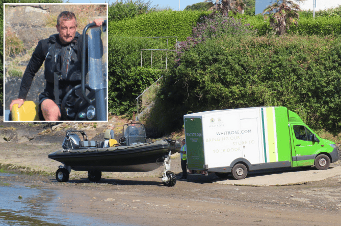 Bear Grylls gets Waitrose shopping delivered to beach. Photos: SWNS