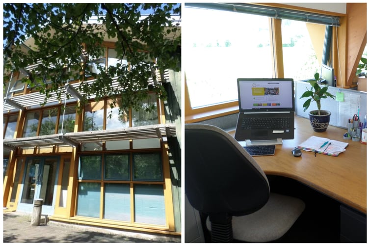 The timber construction boasts an open-plan office with solar panels.