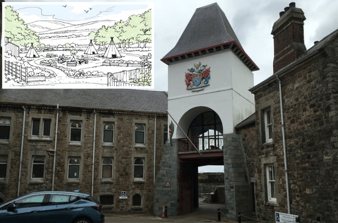 Main: Gwynedd headquarters. Inset: Sketch of proposed glamping site at Rhiw Goch Campsite at Rhosgadfan (Council planning documents)
