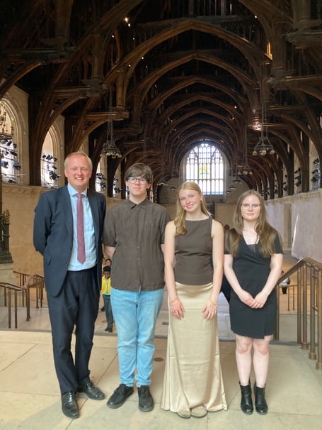 Gwilym Morus (UKYP MYP), Freya Pritchard (Ceredigion Youth Council Chair) and Hannah Bowhay (Vice-Chair Ceredigion Youth Council) with Ceredigion MP, Ben Lake in the House of Commons