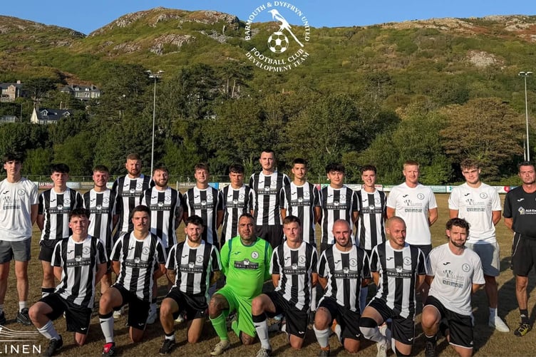 Newly formed Barmouth & Dyffryn United Development squad in kit sponsored by Graig Linen Services