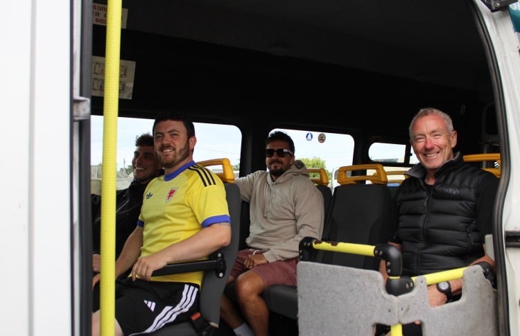 Passengers enjoying a ride on the Flecsi bus. Photo: Lowri Silverwood Owen.
