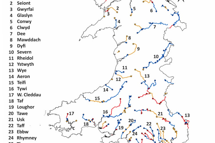 Those in red are the rivers downstream of a gauging station at or below the lowest recorded level for that station. Those in orange are within 3cm of the lowest recorded level. Those shown in blue are more than 3cm higher than their lowest recorded level (although could still be below “normal” flows)