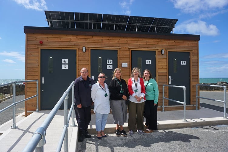 Gwynedd Council officers with Barmouth councillor Wendy Cleaver, and Cllr June Jones Cabinet Member for Highways, Engineering and Gwynedd Consultancy (YGC), outside the new toilets. Photo: Gwynedd Council