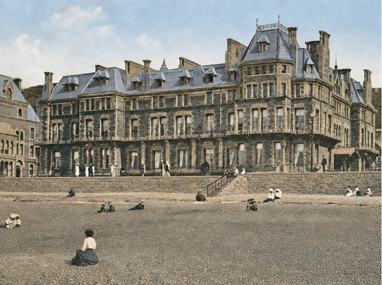 The Queen's Hotel in Aberystwyth was built with ambitions to rival the finest resorts. Restored postcard – 1910.