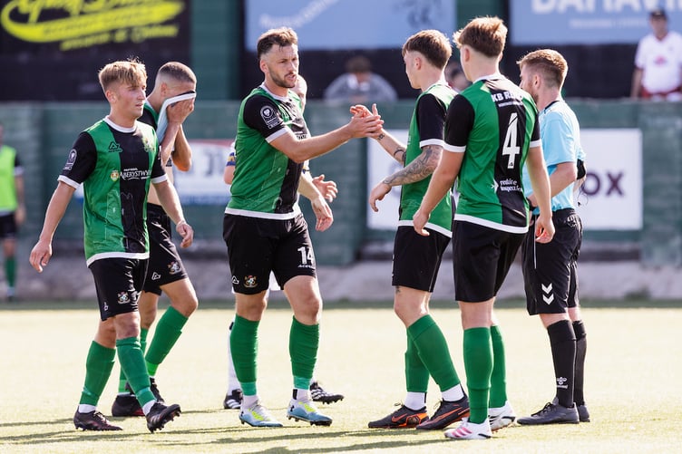 CARDIFF, WALES - 22 AUGUST 2026: Aberystwyth Town's Arron Williams scores and celebrates 5-1 during the 2026/27 Novira Cymru South fixture between Aberystwyth Town FC & Llantwit Major FC at Park Avenue, Aberystwyth, Wales (Pic by John Smith/FAW)
