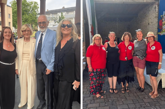 Left: Julie McNicholls Vale, Rita Pratschke, Fritz Pratschke and Elinor Powell. Right: Julie McNicholls Vale and Sarah Hughes with members Kronberg twinning committee members.