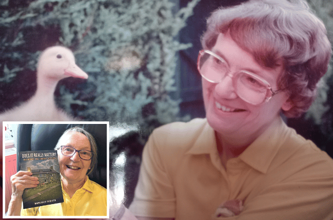Main: Margaret with Donald Duck. Inset: Margaret Roberts with her book.