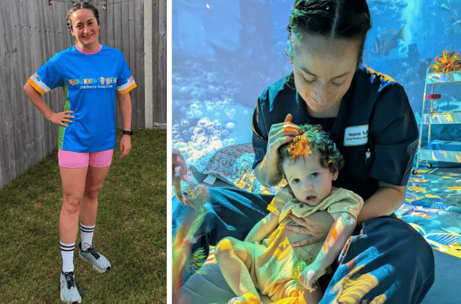 Left: Naomi Tull will draw on her experiences caring for seriously ill children to get her through the Caernarfon Half Marathon. Right: Naomi with Rupert at Ty Gobaith. Photo: Ty Gobaith