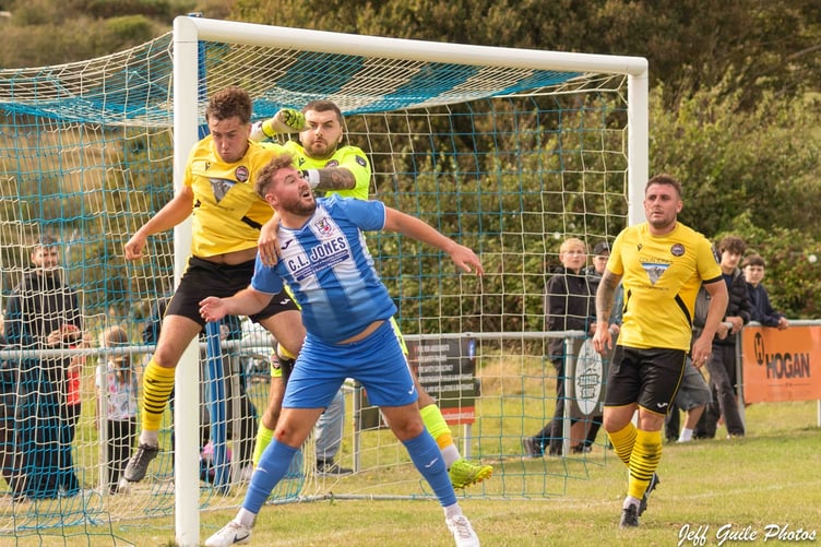 Goalmouth action from Port's 2-2 draw at Holyhead on Bank Holiday Monday