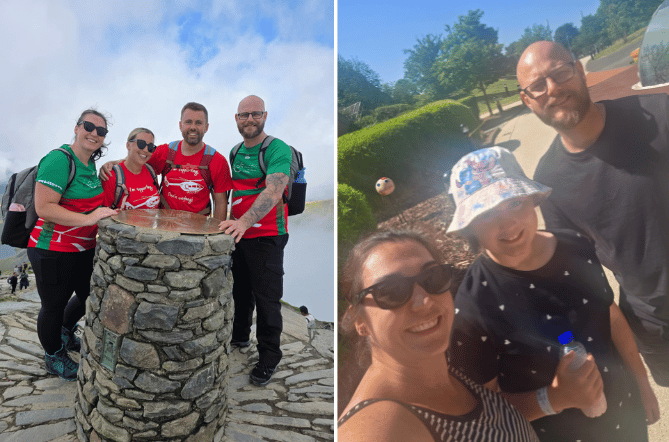 Left: Sarah, Kylie, Dion and Jon on the summit of Snowdon. Right: Sarah, Lexi and Jon.