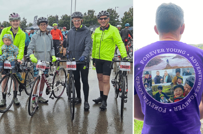 Left: Cadi, Huw's wife, their son, Idris Catrin, her dad Gareth Jones and her uncle, Peter McConnon. Right: A t-shirt with pictures of Huw on