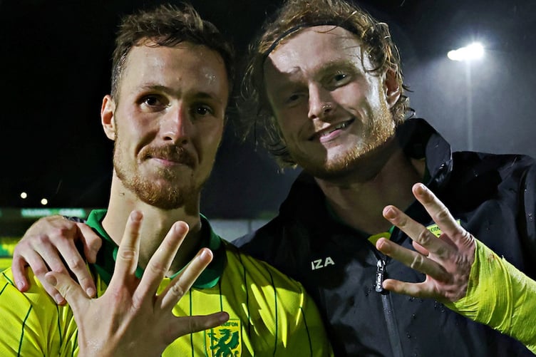 CAERNARFON, GWYNEDD, WALES - 18th SEPTEMBER 2026 - Caernarfon Town's Ryan Sears and Caernarfon Town's Zack Clarke celebrate after Caernarfon Town vs Cambrian United in Round 10 of the Novira Cymru Premier at The Oval, Caernarfon (Pic by Sam Eaden/FAW)