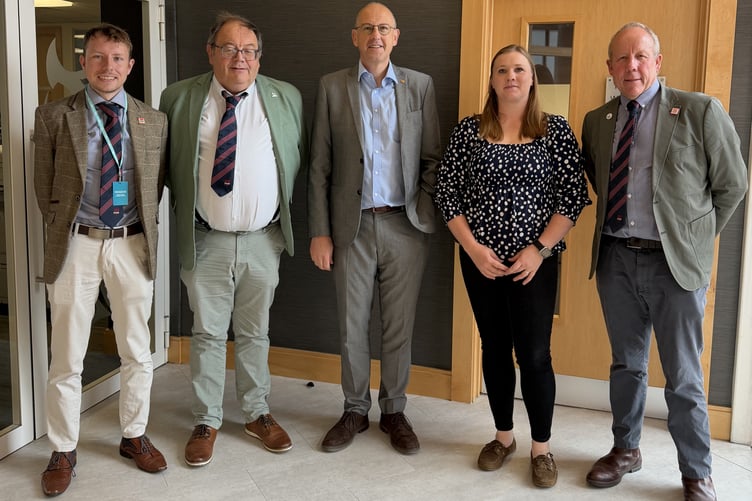 Gareth Parry, FUW Head of Policy; Dai Miles, FUW Deputy President; Llyr Gruffydd MS, The Welsh Government Cabinet Minister for Rural Resilience and Sustainability; Lauren Price, FUW Senedd & Parliamentary Liaison Officer and Ian Rickman, FUW President.