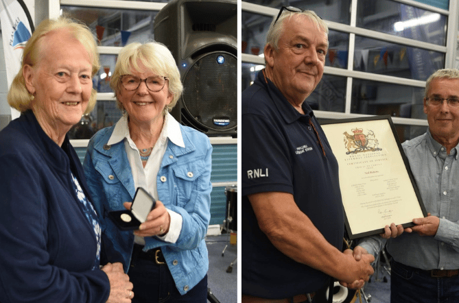 Left: Alison Hayes, Chair of Pwllheli RNLI Fundraising Team, presents a medal to Sue Carlton. Photo: RNLI/Gerallt Williams. Right: Gerallt Williams, Chair of Pwllheli RNLI, presents a certificate of service to Neil Roberts. Photo: RNLI/Gerallt Williams