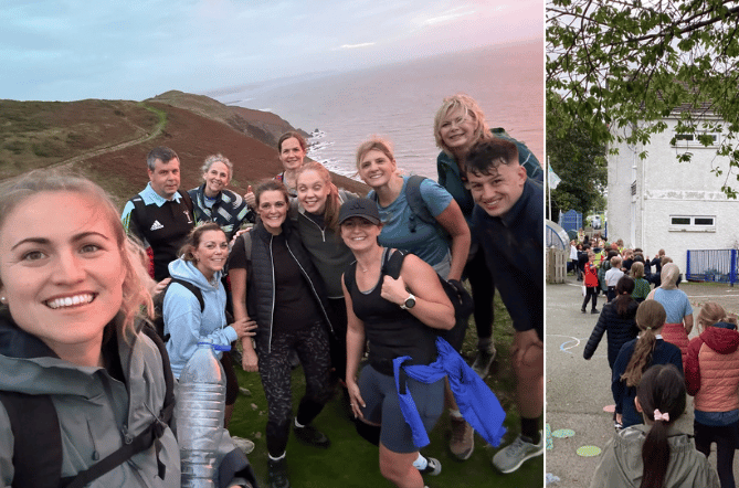 Left: Staff members pictured six miles from home. Right: Pupils on the way to their daily walking challenge