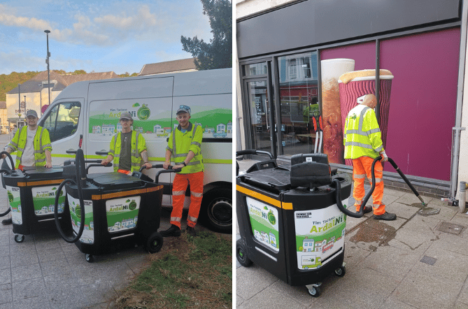 Members of the Timau Tacluso Ardal Ni – Daniel, Dion and Osian – with the new machine. Photo: Gwynedd Council