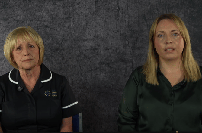 Director of Midwifery and Women's Services for Betsi Cadwaladr University Health Board, Fiona Giraud, and Superintendent Llinos Davies. Photo: Screenshot from North Wales Police video