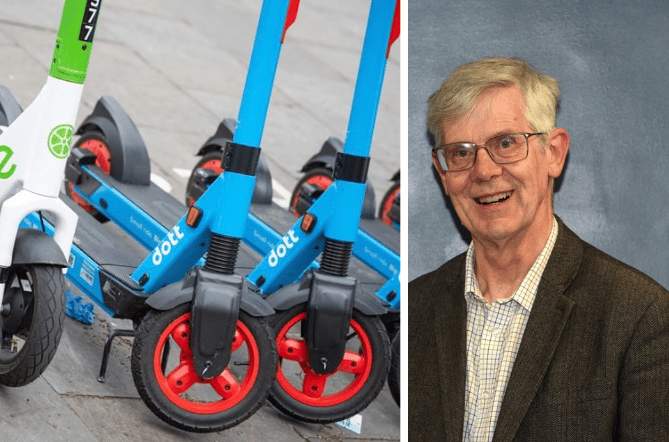 Left: E-scooters. Photo: PA. Right: Cllr Paul Rowlinson