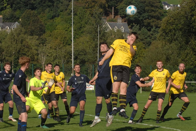 Goalmouth action from Dolgellau's dominant 8-0 win against Radnor Valley (Photo: Rod Davies)