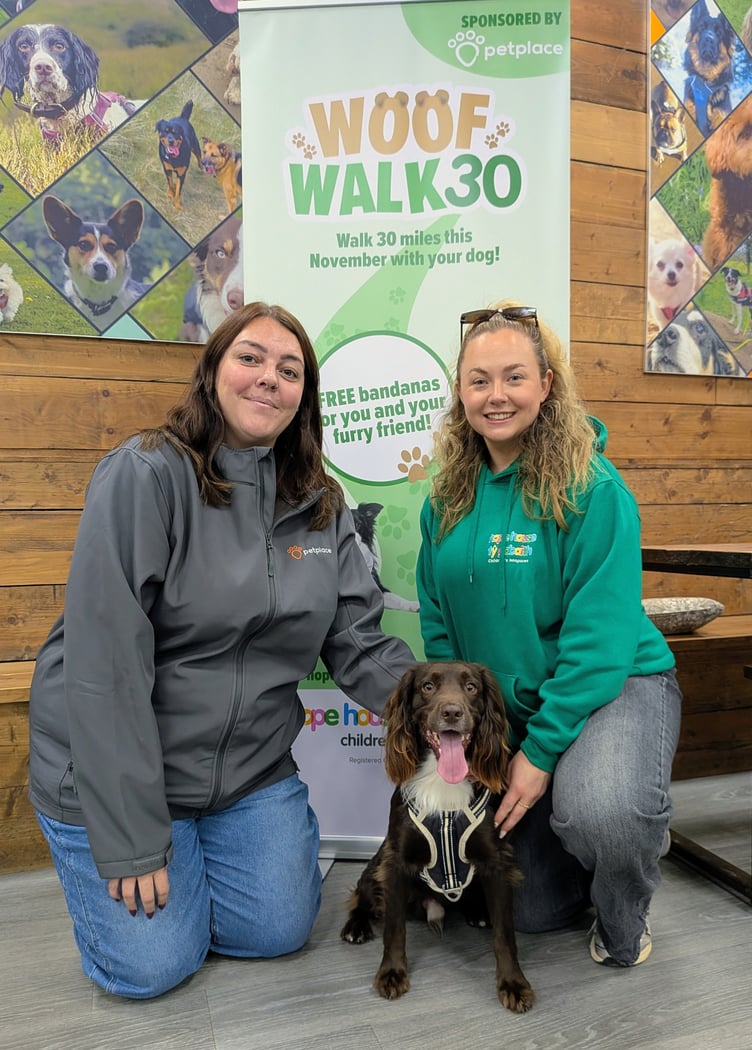 Jodie Miller from Pet Place, Courtney Harris of Tŷ Gobaith and Woody the Spaniel promote Woof Walk 30