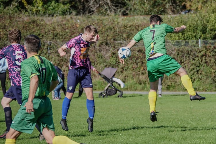 Goalmouth action from Llanilar Reserves' 5-2 win against Padarn United