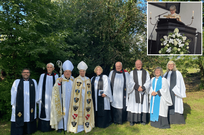 Main: The Bishop of St David’s, Dorrien Davies, and local clergy from the Bro Padarn LMA including their new Dean, the Reverend Lynn Rees. Inset: The Archbishop of Wales, Cherry Vann.