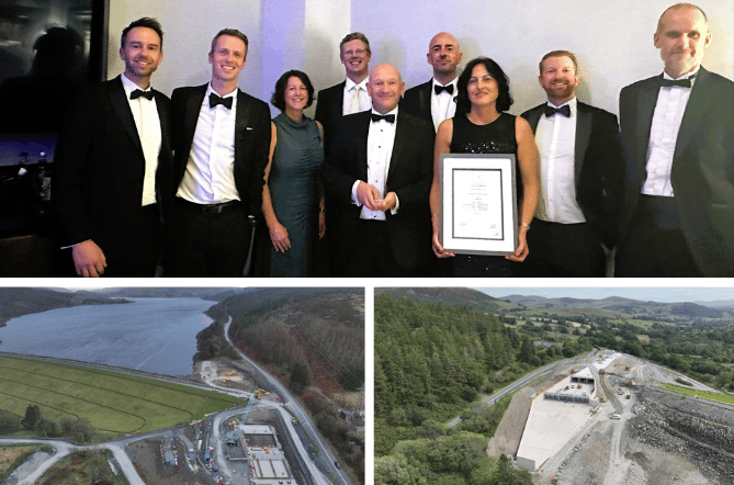 Top: Jason Eddies MMB, Michael McAree MMB, Debbie Evans NRW, Simon Goulds MMB, Stephen Shakespeare Welsh Water, Robert Bissel NRW, Karen Morris, Welsh Water, Greg Cornelius MMB, Graham Wearne Welsh Water. Bottom left and right: Aerial views of the reservoir and the work done there