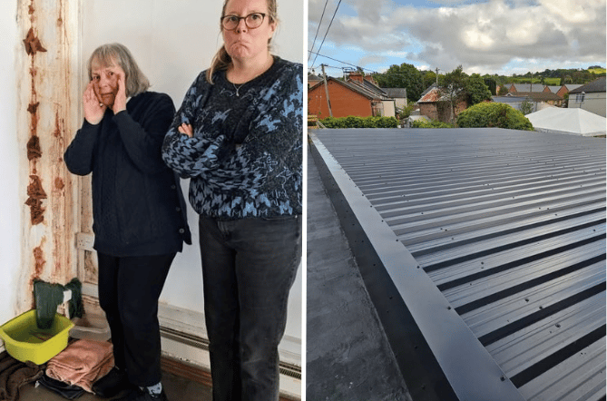 Left: Two of the arts centre's Trustees in January pictured by damaged caused by the leaking roof. Right: The repaired roof.