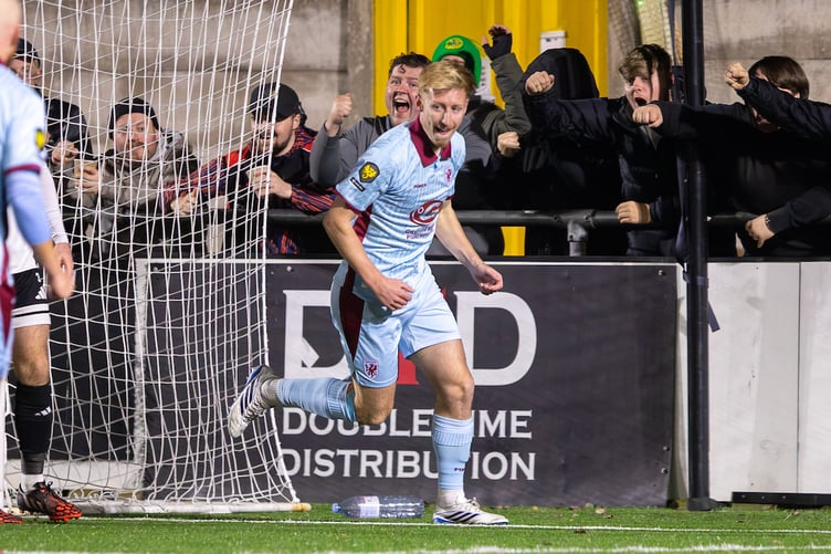 FLINT, WALES - 17 OCTOBER 2026: Harry Charsley of Caernarfon Town equalises during the FAW Welsh Cup match between Flint Town United and Caernarfon Town at Essity Stadium, Flint, Wales. (Pic by Nik Mesney/FAW)