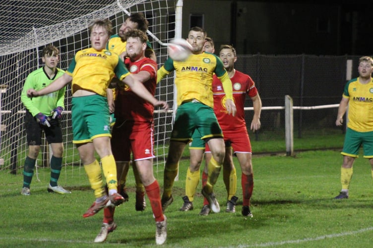 Goalmouth action from Llanidloes' Senior Cup defeat against Radnor Valley (Photo: Stuart Townsend)