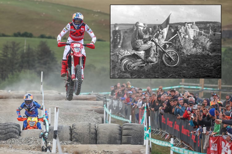 Alex Walton launches over a fire road on the recent Brechfa Enduro, inset, muddy action back in the 1983 ISDE at the Cwm Owen special test near Builth Wells