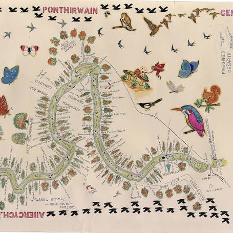 manuscript map drawn on a single roll of cartridge paper, the map is roughly 58 to 60 feet long and a yard wide, stretching from Newcastle Emlyn to Cardigan Bay made by Idris Mathias between 1945 and 1962. Photo: National Library of Wales